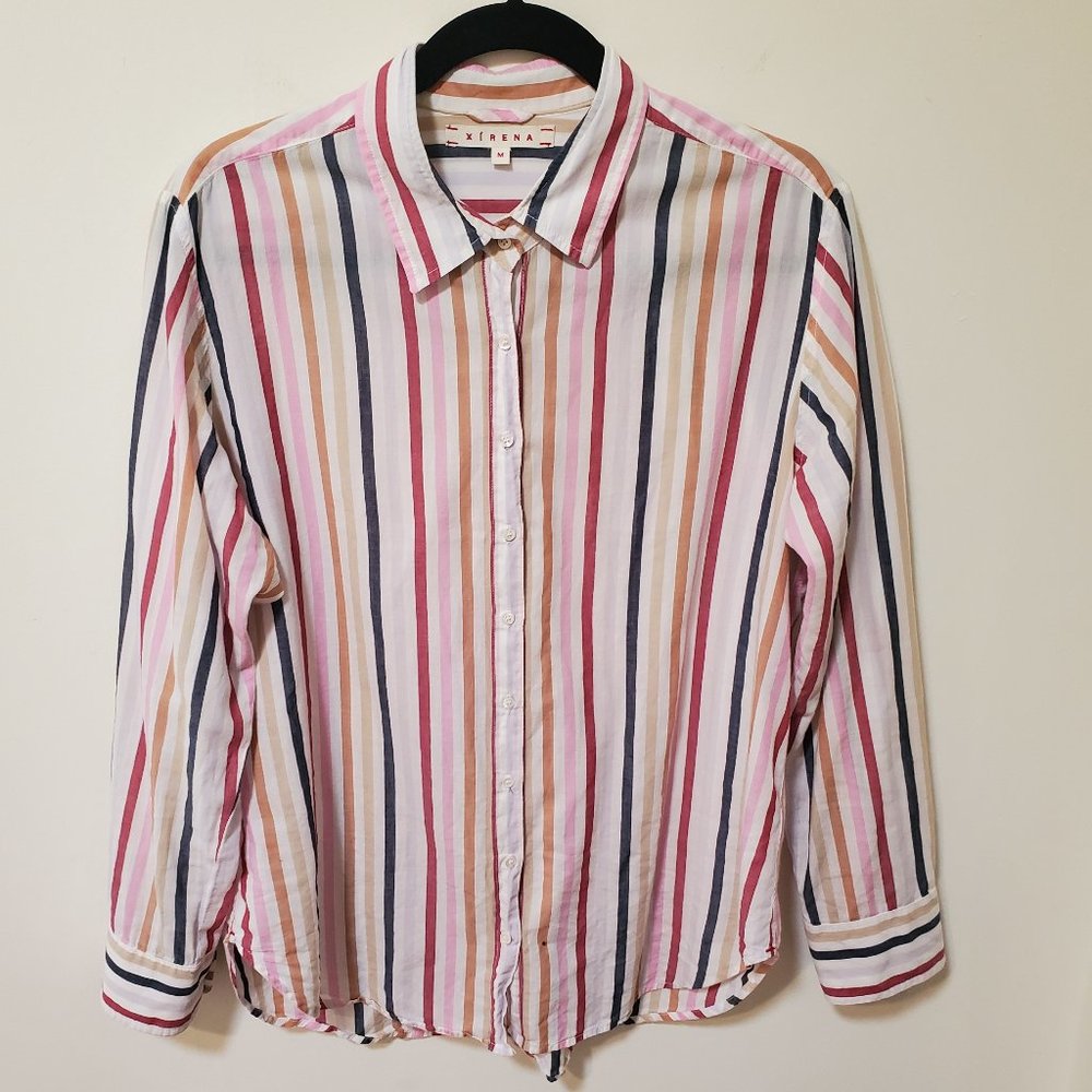 XiRENA Multistripe Button-Down Shirt in Pink, Navy, Tan, White
